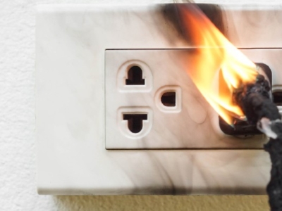 Close-up of a wall outlet with a plug on fire, showing flames, smoke marks, and heat damage on the outlet plate and wall.