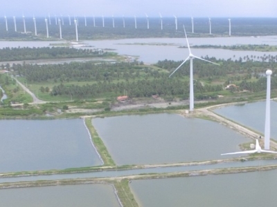 Rows of wind turbines extending across the landscape near rectangular aquaculture ponds, surrounded by greenery and small buildings.