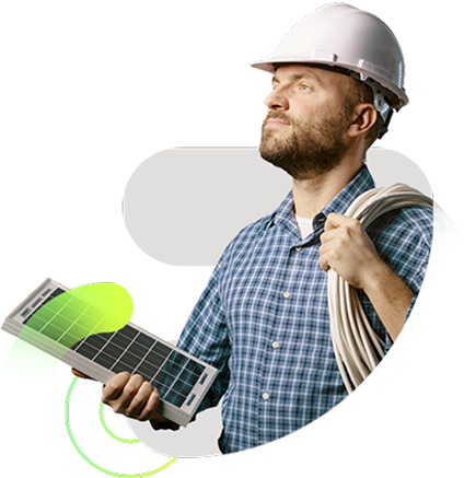 A person wearing a safety helmet holds a small solar panel in one hand and a coiled electrical cable over the shoulder. The person is dressed in a checkered long‑sleeve shirt. The background is minimal and stylized with abstract shapes.