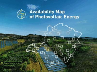 Photovoltaic energy availability map of Minas Gerais, overlaid on a green landscape with fields and hills, showing solar panels and square icons representing data points, accompanied by the text 'Availability Map of Photovoltaic Energy' and a circular lightning bolt graphic symbol.