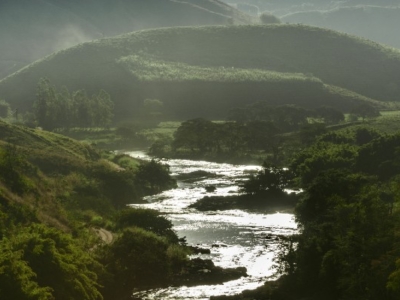 Lush green hills with a winding river reflecting sunlight, surrounded by forested areas under a softly illuminated sky.
