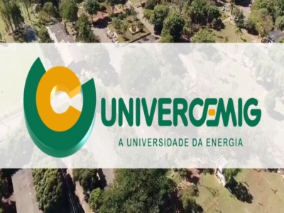 Aerial view of a campus with trees and buildings, overlaid with the UNIVERCEMIG logo and text “A Universidade da Energia." wich means The Energy's University.