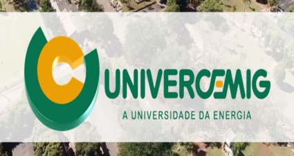 Aerial view of a campus with trees and buildings, overlaid with the UNIVERCEMIG logo and text “A Universidade da Energia." wich means The Energy's University.