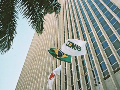 A imagem mostra três bandeiras hasteadas em frente a um prédio moderno e alto, com fachada composta por uma grade de janelas. As bandeiras são: a nacional do Brasil, uma branca com o logotipo "CEMIG" em verde e amarelo, e outra branca com um triângulo vermelho e texto em preto que diz "Estado de Minas Gerais". O cenário sugere um ambiente corporativo ou institucional ligado à CEMIG, empresa de energia elétrica de Minas Gerais. Na parte inferior da imagem, aparecem folhas de palmeira, reforçando a atmosfera tropical ou subtropical do local.