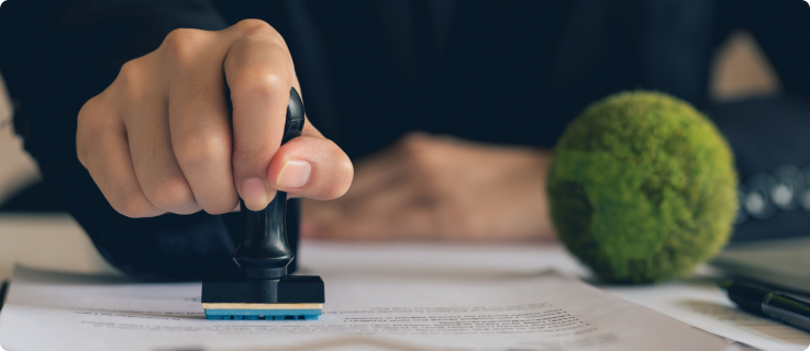 Mão carimbando documentos sobre uma mesa, com esfera de musgo decorativa ao fundo.