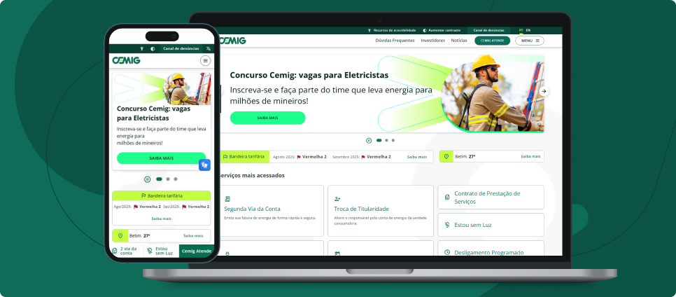 Novo portal da Cemig exibido em celular e notebook.