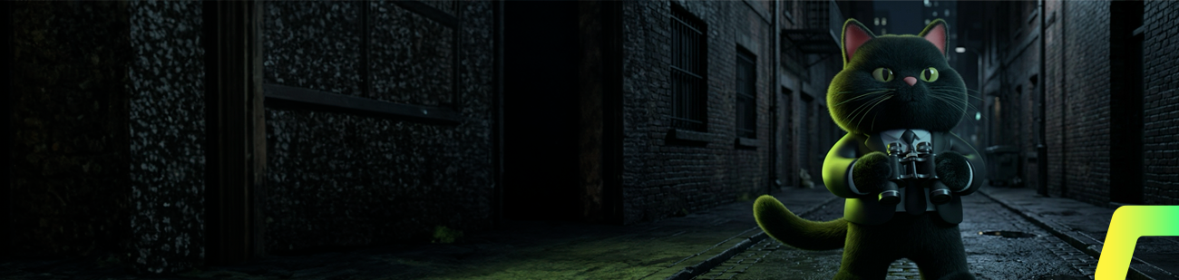 Ilustração digital em estilo 3D de um gato preto robusto atuando como um espião ou detetive. O gato usa terno, gravata e segura um binóculo na altura do peito. Ele está posicionado no lado direito de um beco estreito de paralelepípedos, ladeado por prédios de tijolos escuros. A iluminação é cinematográfica, com um brilho verde neon destacando a silhueta do gato contra a escuridão urbana do cenário.