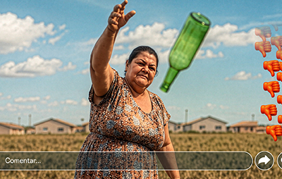 Pessoa em um campo, vestindo vestido estampado, com braço levantado em direção a uma garrafa verde no ar; ao lado direito, emojis de polegar para baixo vermelhos em coluna; na parte inferior, barra de comentário estilo rede social.