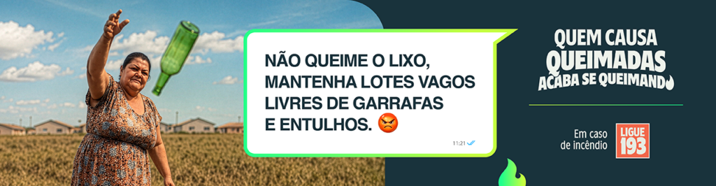 Pessoa em área rural arremessando uma garrafa de vidro, com campo seco e casas ao fundo. Ao lado, um balão de mensagem com o texto: “Não queime o lixo, mantenha lotes vagos livres de garrafas e entulhos.” À direita, um painel com a mensagem “Quem causa queimadas acaba se queimando” e, abaixo, “Em caso de incêndio ligue 193”.