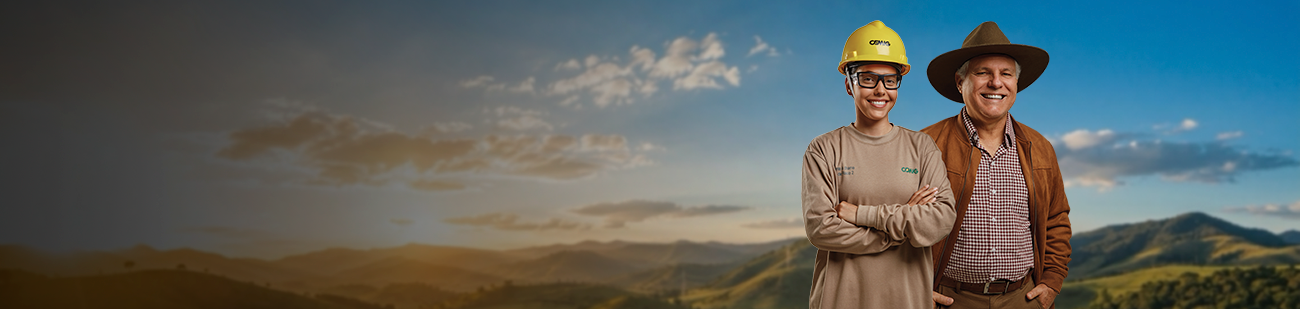 Composição referente ao Cemig Agro. Banner com paisagem rural ao fundo, em tons de verde e azul, com montanhas e céu aberto. À direita, aparecem uma colaboradora da Cemig usando capacete amarelo e um produtor rural com chapéu, lado a lado.