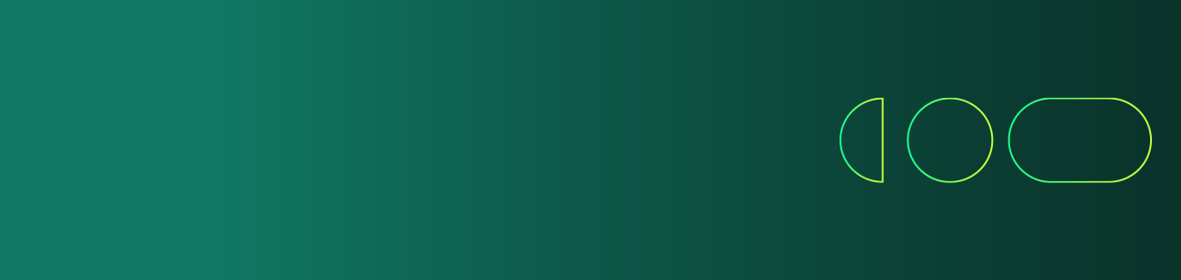 Banner com fundo gradiente em tons de verde. No canto direito, destacam-se três formas geométricas minimalistas desenhadas com linhas finas e luminosas: um semicírculo, um círculo e uma cápsula oval.