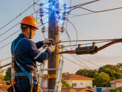 Um profissional realiza manutenção em um poste de energia, com fiação elétrica e faíscas indicando risco de choque.