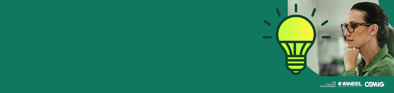 Banner com fundo verde, ilustração de uma lâmpada amarela simbolizando ideia ou inovação e fotografia de uma pessoa usando óculos em ambiente de escritório. No canto inferior direito, logotipos do PEE (Programa de Eficiência Energética), ANEEL e Cemig.