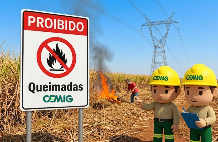 Placa da CEMIG com aviso “Proibido queimadas” em área rural. Ao fundo, há vegetação em chamas, torres de transmissão de energia e trabalhadores próximos à plantação.
