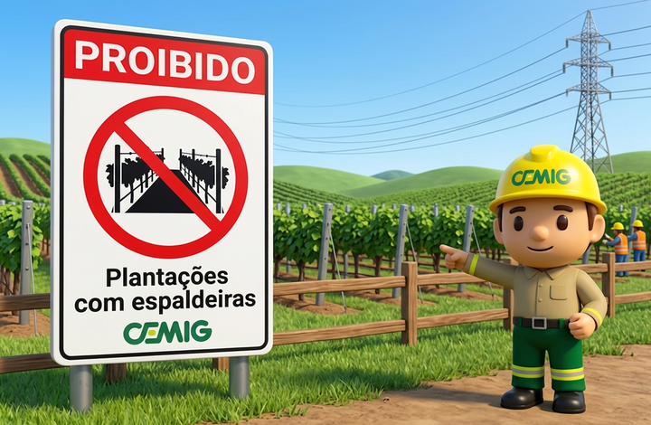 Placa da CEMIG com aviso “Proibido plantações com espaldeiras” ao lado de uma área agrícola com fileiras de cultivo. Ao fundo, há cercas, torres de transmissão de energia e trabalhadores no campo.