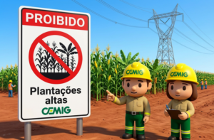 Placa da CEMIG com aviso “Proibido plantações altas” em área agrícola com cultivo de milho. Ao fundo, há torres e linhas de transmissão de energia, além de trabalhadores no campo.