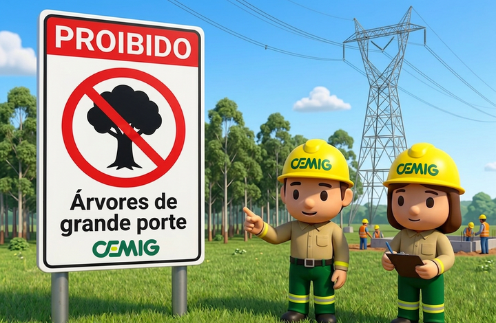 Placa da CEMIG com aviso “Proibido árvores de grande porte” em área próxima a linhas de transmissão de energia. Ao fundo, há árvores, trabalhadores e uma torre de energia elétrica.