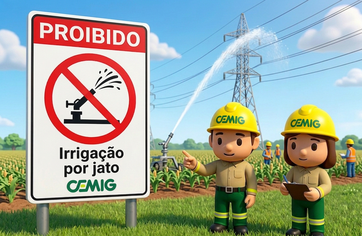 Placa da CEMIG com aviso “Proibido pivô de irrigação” em área agrícola. Ao fundo, há um sistema de irrigação por pivô central próximo a torres e linhas de transmissão de energia, além de trabalhadores no campo.