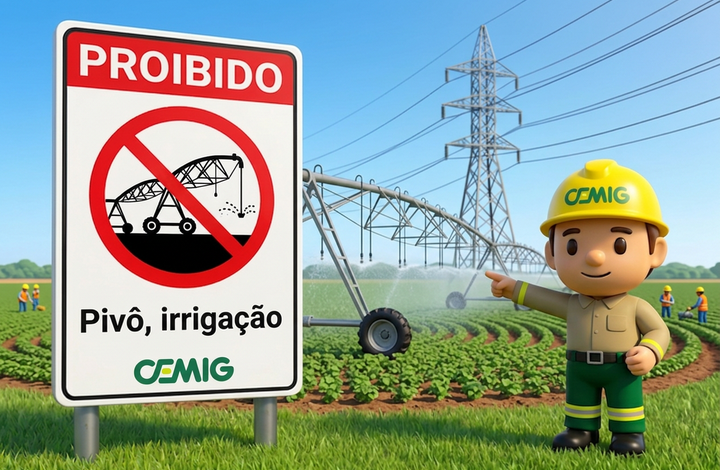 Placa da CEMIG com aviso “Proibido pivô de irrigação” em área agrícola. Ao fundo, há um sistema de irrigação por pivô central próximo a torres e linhas de transmissão de energia, além de trabalhadores no campo.