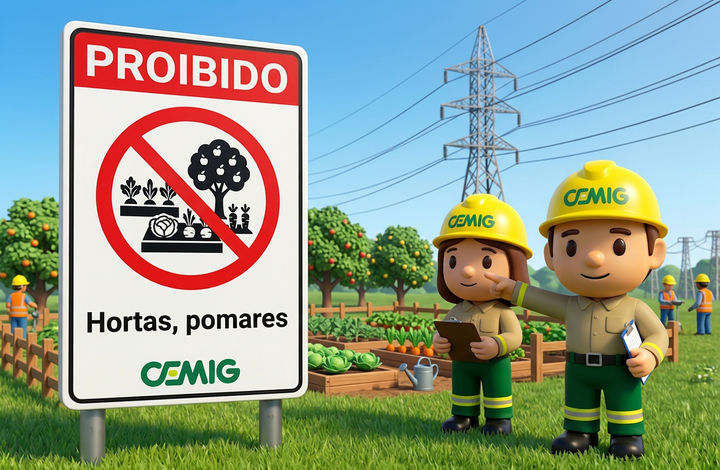 Placa da CEMIG com aviso “Proibido hortas e pomares” em área agrícola. Ao fundo, há canteiros de cultivo, árvores frutíferas, trabalhadores e linhas de transmissão de energia elétrica.