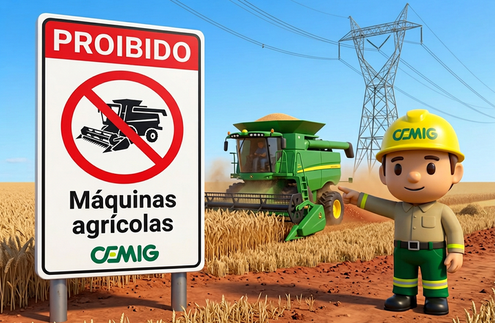 Placa da CEMIG com aviso “Proibido máquinas agrícolas” em área de cultivo. Ao fundo, há uma colheitadeira trabalhando próxima a torres e linhas de transmissão de energia elétrica.