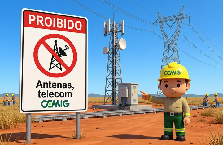 Placa da CEMIG com aviso “Proibido antenas e telecomunicações” em área próxima a linhas de transmissão de energia. Ao fundo, há uma torre de telecomunicações com antenas, trabalhadores e uma torre de energia elétrica.