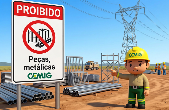 Placa da CEMIG com aviso “Proibido peças metálicas” em área próxima a linhas de transmissão de energia. Ao fundo, há tubos e estruturas metálicas armazenadas, trabalhadores, um caminhão e uma torre de energia elétrica.