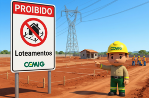 Placa da CEMIG com aviso “Proibido loteamentos” em área próxima a linhas de transmissão de energia. Ao fundo, há um terreno dividido em lotes, uma construção, trabalhadores e uma torre de energia elétrica.