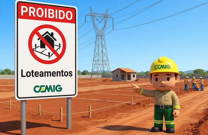Placa da CEMIG com aviso “Proibido loteamentos” em área próxima a linhas de transmissão de energia. Ao fundo, há um terreno dividido em lotes, uma construção, trabalhadores e uma torre de energia elétrica.