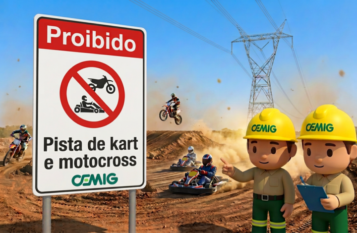 Placa da CEMIG informando a proibição de pista de kart e motocross em área próxima a linhas de transmissão de energia. Ao fundo, há pilotos de motocross e kart em pista de terra e dois personagens com capacete da CEMIG.