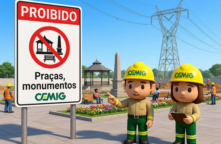 Placa da CEMIG com aviso “Proibido praças e monumentos” em área próxima a linhas de transmissão de energia. Ao fundo, há uma praça com jardins, bancos, um monumento, um quiosque, pessoas e uma torre de energia elétrica.