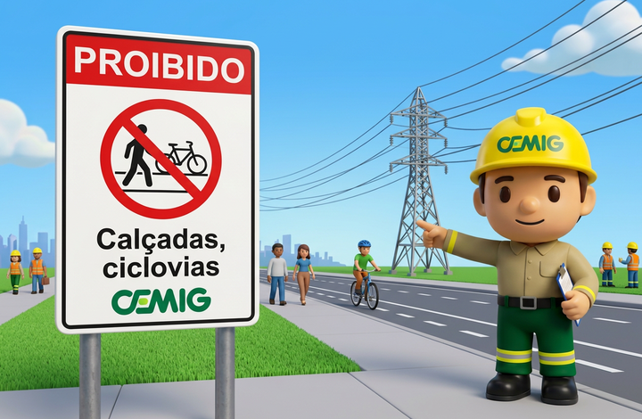 Placa da CEMIG com aviso “Proibido calçadas e ciclovias” em área próxima a linhas de transmissão de energia. Ao fundo, há uma ciclovia com ciclista, pedestres, trabalhadores e uma torre de energia elétrica.