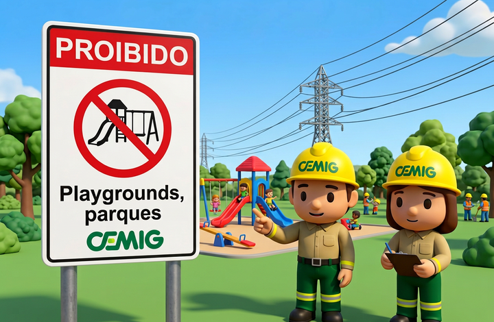 Placa da CEMIG com aviso “Proibido playgrounds e parques” em área próxima a linhas de transmissão de energia. Ao fundo, há um playground com brinquedos infantis, pessoas no parque, trabalhadores e uma torre de energia elétrica.