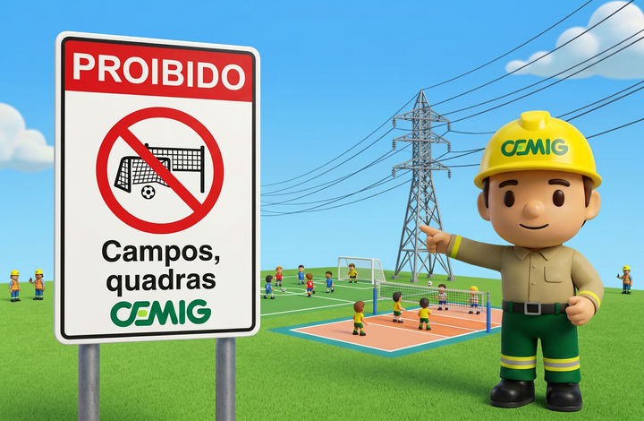 Placa da CEMIG com aviso “Proibido campos e quadras” em área próxima a linhas de transmissão de energia. Ao fundo, há quadras esportivas com pessoas praticando esportes, trabalhadores e uma torre de energia elétrica.