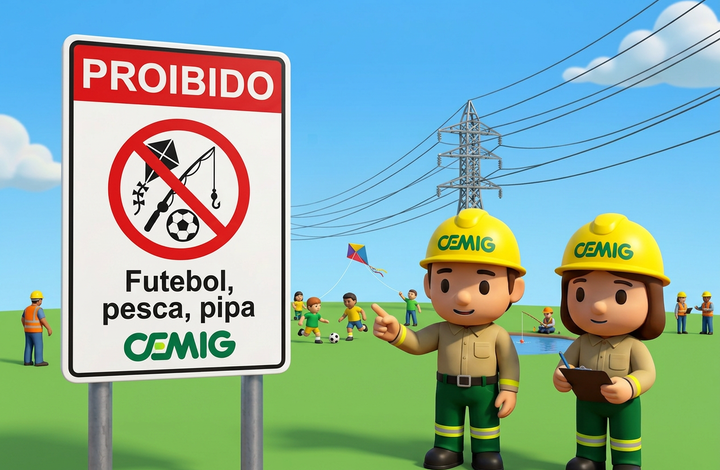 Placa da CEMIG com aviso “Proibido futebol, pesca e pipa” em área próxima a linhas de transmissão de energia. Ao fundo, há pessoas jogando futebol, soltando pipa, pescando, trabalhadores e uma torre de energia elétrica.