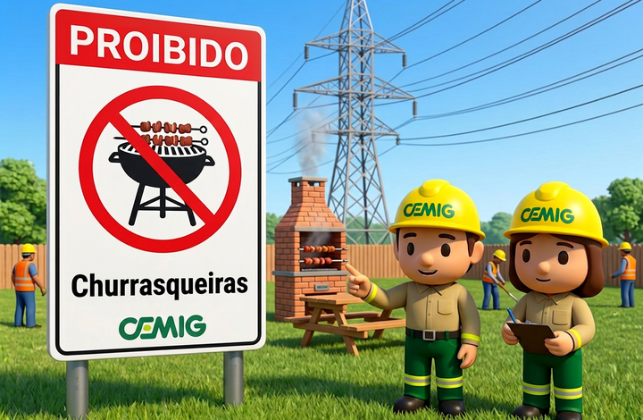 Placa da CEMIG com aviso “Proibido churrasqueiras” em área próxima a linhas de transmissão de energia. Ao fundo, há uma churrasqueira, mesas de piquenique, trabalhadores e uma torre de energia elétrica.
