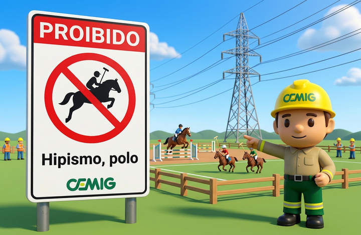 Placa da CEMIG com aviso “Proibido hipismo e polo” em área próxima a linhas de transmissão de energia. Ao fundo, há pessoas montadas a cavalo em uma pista cercada, trabalhadores e uma torre de energia elétrica.