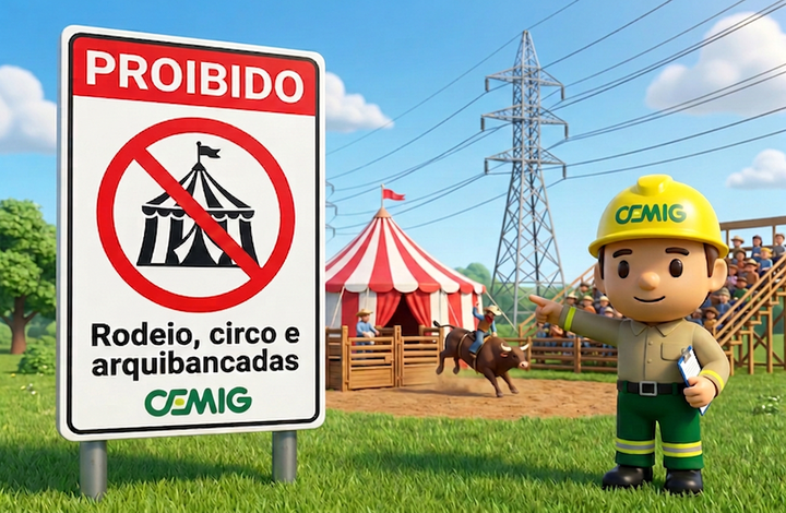 Placa da CEMIG com aviso “Proibido rodeio, circo e arquibancadas” em área próxima a linhas de transmissão de energia. Ao fundo, há uma arena de rodeio com arquibancadas, uma tenda de circo, pessoas, trabalhadores e uma torre de energia elétrica.