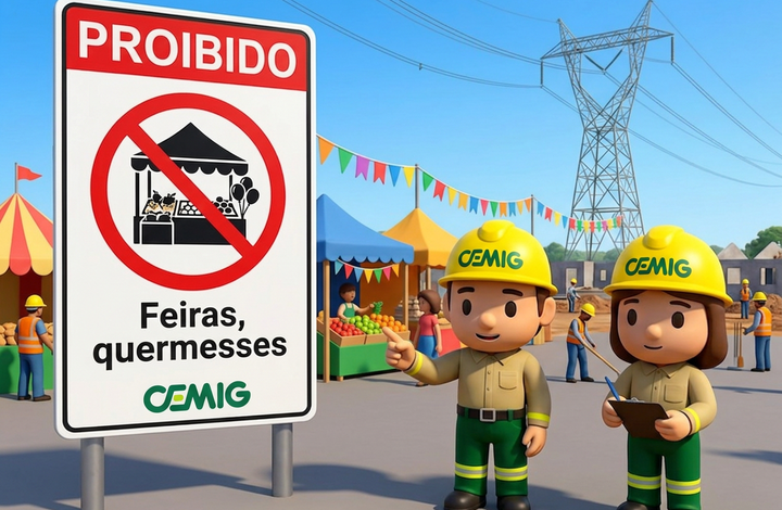 Placa da CEMIG com aviso “Proibido feiras e quermesses” em área próxima a linhas de transmissão de energia. Ao fundo, há barracas de feira, pessoas circulando, trabalhadores e uma torre de energia elétrica.