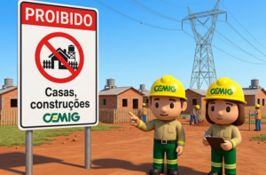 Placa da CEMIG com aviso “Proibido casas e construções” em área próxima a linhas de transmissão de energia. Ao fundo, há casas em construção, trabalhadores e uma torre de energia elétrica.