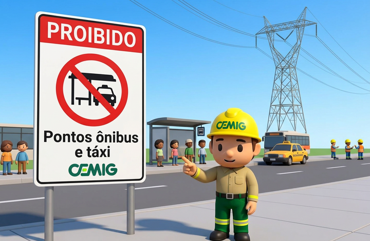 Placa da CEMIG com aviso “Proibido pontos de ônibus e táxi” em área próxima a linhas de transmissão de energia. Ao fundo, há um ponto de ônibus, um táxi, pessoas na calçada e uma torre de energia elétrica.