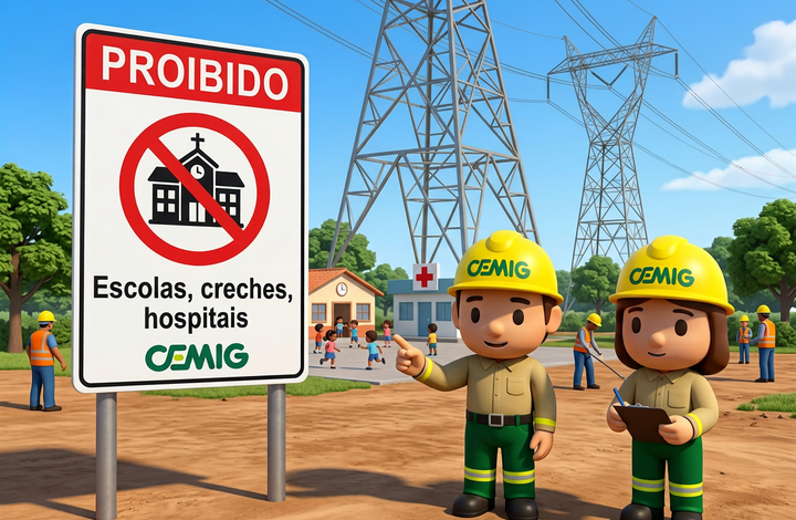 Placa da CEMIG com aviso “Proibido escolas, creches e hospitais” em área próxima a linhas de transmissão de energia. Ao fundo, há edificações de escola e hospital, pessoas circulando, trabalhadores e torres de energia elétrica.