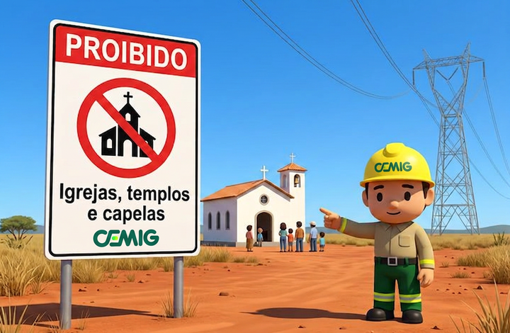 Placa da CEMIG com aviso “Proibido igrejas, templos e capelas” em área próxima a linhas de transmissão de energia. Ao fundo, há uma igreja, pessoas reunidas e uma torre de energia elétrica.