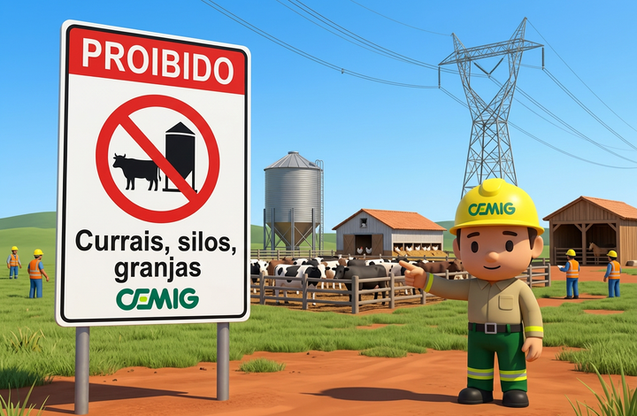 Placa da CEMIG com aviso “Proibido currais, silos e granjas” em área rural próxima a linhas de transmissão de energia. Ao fundo, há currais com animais, silos de armazenamento, galpões e uma torre de energia elétrica.