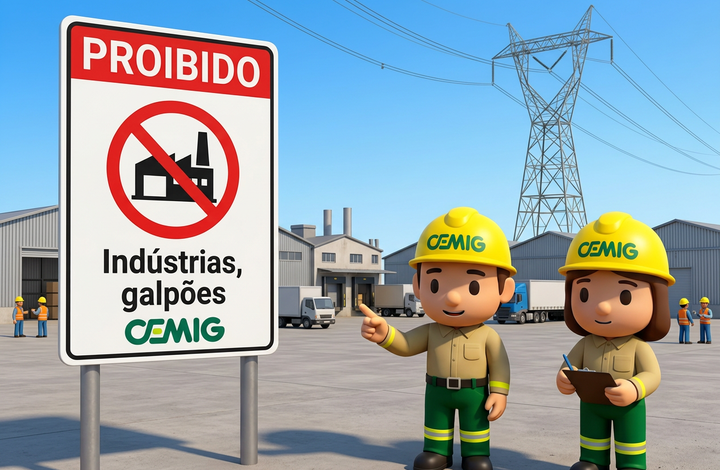 Placa da CEMIG com aviso “Proibido indústrias e galpões” em área próxima a linhas de transmissão de energia. Ao fundo, há galpões industriais, caminhões, trabalhadores e uma torre de energia elétrica.