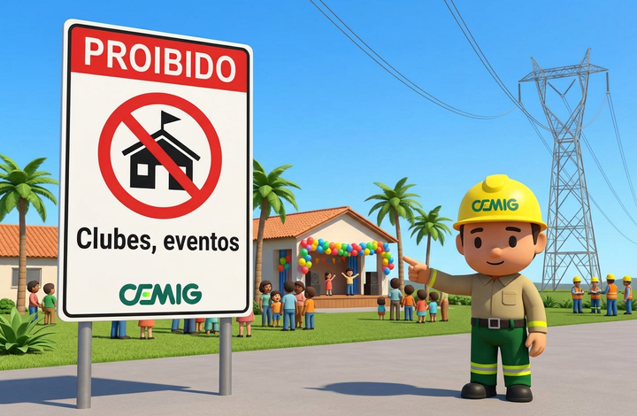 Placa da CEMIG com aviso “Proibido clubes e eventos” em área próxima a linhas de transmissão de energia. Ao fundo, há um espaço de eventos com pessoas reunidas, decoração com balões e uma torre de energia elétrica.