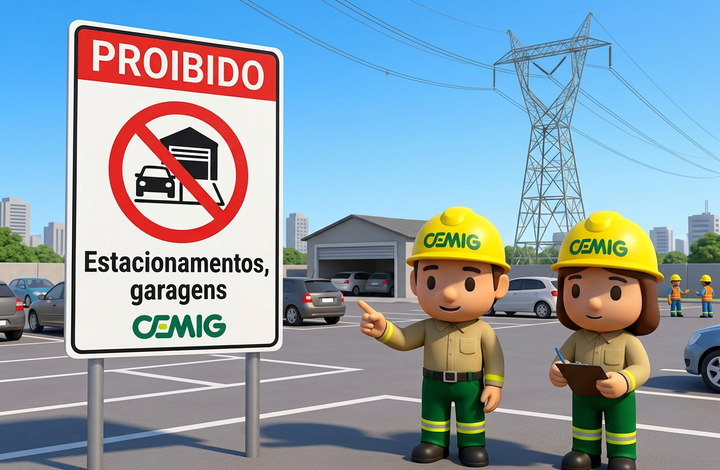Placa da CEMIG com aviso “Proibido estacionamentos e garagens” em área próxima a linhas de transmissão de energia. Ao fundo, há um estacionamento com veículos, uma garagem e uma torre de energia elétrica.