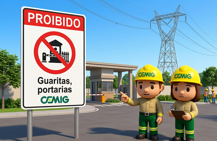 Placa da CEMIG com aviso “Proibido guaritas e portarias” em área próxima a linhas de transmissão de energia. Ao fundo, há uma guarita de acesso, veículos, trabalhadores e uma torre de energia elétrica.