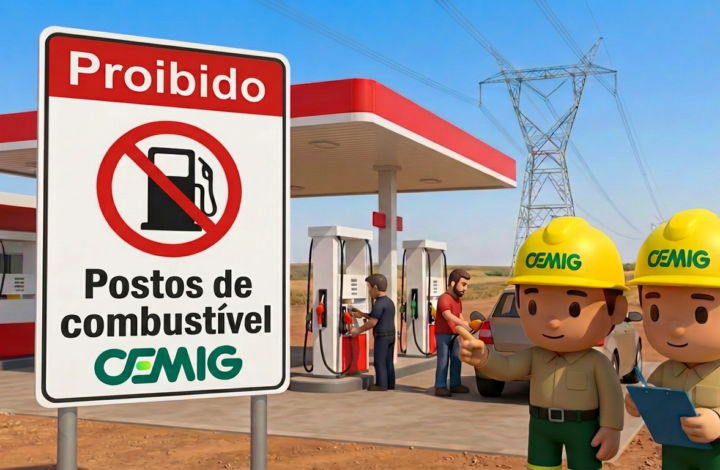 Placa da CEMIG com aviso “Proibido postos de combustível” próxima a um posto de abastecimento. Ao fundo, há veículos, funcionários, uma torre de transmissão e linhas de energia elétrica.