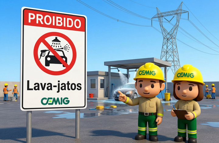 Placa da CEMIG com aviso “Proibido lava-jatos” em área próxima a linhas de transmissão de energia. Ao fundo, há um lava-jato com veículo sendo lavado, trabalhadores e uma torre de energia elétrica.